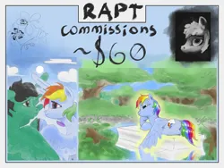 Size: 2000x1500 | Tagged: safe, artist:rapt, derpibooru import, rainbow dash, oc, oc:anon stallion, commission open, forest, image, lake, nature, png, tree, water