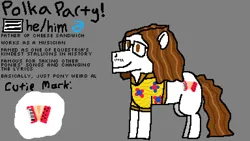 Size: 1920x1080 | Tagged: safe, artist:44nifty, derpibooru import, oc, unofficial characters only, earth pony, pony, accordion, brown eyes, brown mane, clothes, facial hair, glasses, hawaiian shirt, image, implied cheese sandwich, moustache, musical instrument, png, ponified celebrity, ponified music artist, pronouns, reference sheet, shirt, solo, wavy mane, weird al yankovic, white coat