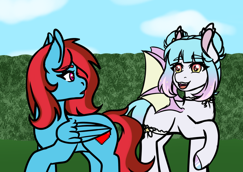 Size: 2970x2100 | Tagged: safe, artist:okimi, derpibooru import, oc, oc:lucid heart, oc:star dust, bat pony, pegasus, accessory, background, bat pony oc, bat wings, blue, blue sky, colored sketch, colorful, couple, cute, fangs, female, folded wings, green, hair bun, heart, heart eyes, hoof polish, image, lesbian, looking at each other, looking at someone, love, oc x oc, park, pegasus oc, pink, png, raised hoof, red, red eyes, shipping, sketch, smiling, spread wings, surprised, wingding eyes, wings, yellow, yellow eyes