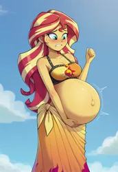 Size: 1280x1856 | Tagged: suggestive, ai content, derpibooru import, machine learning generated, stable diffusion, sunset shimmer, equestria girls, g4, belly, belly button, belly expansion, belly inflation, big belly, bikini, breasts, cleavage, clothes, generator:pony diffusion v6 xl, growth, hand on belly, image, jpeg, outie belly button, pregnant, pregnant expansion, sky background, sunset preggers, sweat, swimsuit