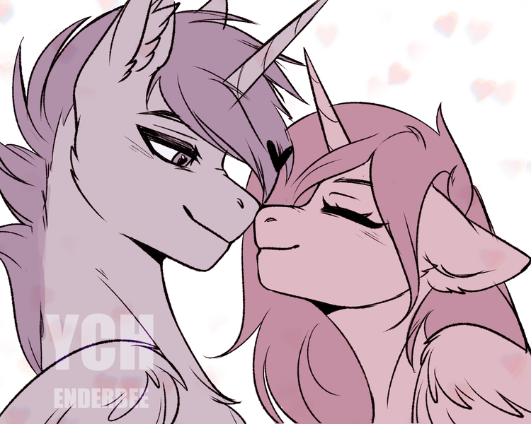 Size: 3000x2400 | Tagged: safe, artist:enderbee, derpibooru import, oc, unofficial characters only, alicorn, earth pony, pegasus, pony, unicorn, any gender, any race, any species, auction, auction open, boop, commission, couple, eyes closed, horn, image, looking at each other, looking at someone, noseboop, png, smiling, smiling at each other, your character here