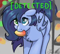 Size: 746x677 | Tagged: safe, artist:marbatra, derpibooru import, oc, oc:blue moon, bat pony, fallout equestria, caught, food, heterochromia, image, mango, png, puppy dog eyes, stealing