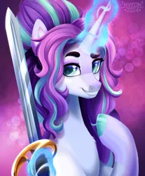 Size: 2110x2550 | Tagged: safe, artist:nveon, derpibooru import, oc, unofficial characters only, pony, unicorn, commission, female, glow, glowing horn, horn, image, magic, mare, png, signature, solo, sword, telekinesis, weapon