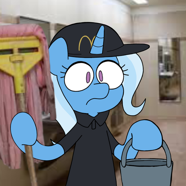 Size: 1378x1378 | Tagged: safe, artist:plumt-t, derpibooru import, trixie, pony, unicorn, g4, bucket, clothes, female, fluttermop, hoof hold, horn, image, mare, mcdonald's, mop, png, solo, uniform