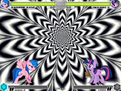 Size: 993x745 | Tagged: safe, artist:tom artista, derpibooru import, firefly, rainbow dash, twilight sparkle, unicorn, fighting is magic, g1, bipedal, black and white, book, fan game, flow, flower, game screencap, grayscale, horn, hypnosis, hypnotic, illusion, image, jpeg, monochrome, new, palette swap, recolor, spiral, stage