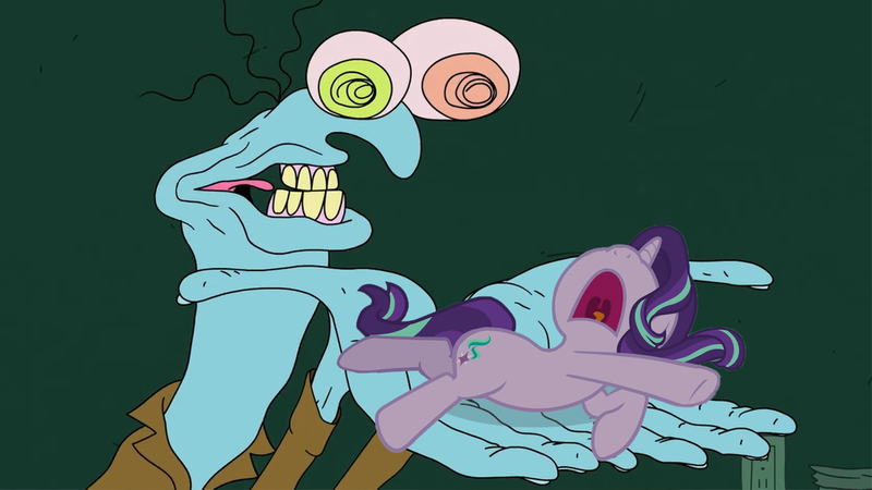 Size: 1280x720 | Tagged: safe, derpibooru import, edit, edited screencap, editor:umsx, screencap, starlight glimmer, pony, unicorn, a royal problem, g4, adult swim, cartoon network, hand, horn, image, mr landlord, png, shitposting, sleeping, smiling friends, unconscious