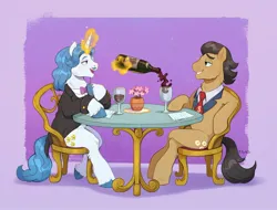 Size: 2048x1559 | Tagged: safe, artist:birdoffnorth, derpibooru import, fancypants, filthy rich, earth pony, pony, unicorn, g4, alcohol, bottle, chair, clothes, duo, duo male, glass, glow, glowing horn, hooves on the table, horn, image, jpeg, looking at each other, looking at someone, magic, male, necktie, potted plant, pouring, purple background, side view, simple background, sitting, sitting at table, stallion, suit, table, talking, wine, wine bottle, wine glass