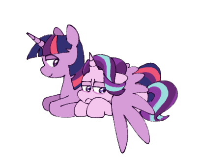 Size: 411x326 | Tagged: safe, artist:driftwoodpony, derpibooru import, starlight glimmer, twilight sparkle, twilight sparkle (alicorn), alicorn, pony, unicorn, g4, duo, duo female, female, frown, horn, hug, image, lesbian, lying down, mare, png, prone, simple background, smiling, white background, wing blanket, winghug, wings