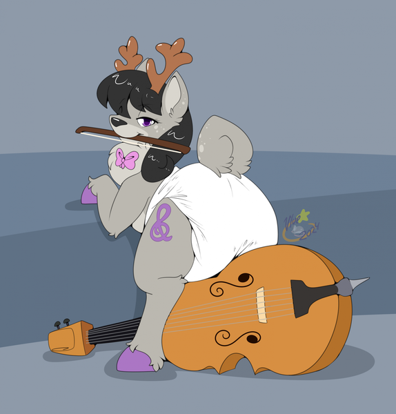 Size: 1878x1962 | Tagged: suggestive, artist:maynara, derpibooru import, octavia melody, deer, deer pony, hybrid, original species, g4, cello, cloven hooves, deerified, diaper, diaper fetish, female, fetish, gradient background, image, musical instrument, non-baby in diaper, png, poofy diaper, solo, species swap