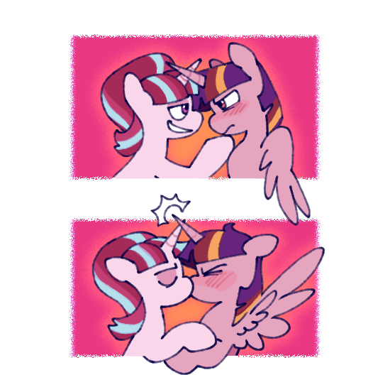 Size: 550x552 | Tagged: safe, artist:driftwoodpony, derpibooru import, starlight glimmer, twilight sparkle, pony, unicorn, g4, 2 panel comic, blushing, comic, duo, eyes closed, female, horn, horns are touching, image, kiss on the lips, kissing, lesbian, mare, png, s5 starlight, ship:twistarlight, shipping, spread wings, wingboner, wings