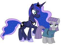 Size: 487x360 | Tagged: safe, derpibooru import, edit, vector edit, maud pie, princess luna, alicorn, earth pony, pony, g4, crack shipping, female, flowing mane, image, lesbian, lunamaud, mare, png, raised hoof, shipping, simple background, smiling, transparent background, vector