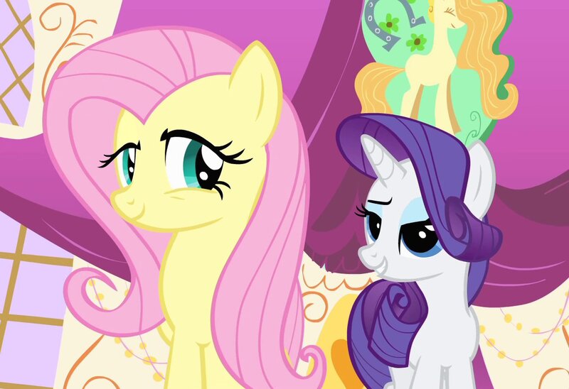 Size: 1330x911 | Tagged: safe, derpibooru import, screencap, fluttershy, rarity, pegasus, unicorn, g4, green isn't your color, season 1, duo, horn, image, jpeg, lidded eyes, looking at each other, looking at someone, ponyville spa