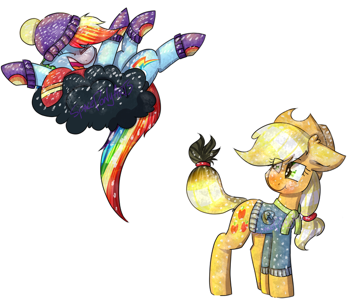 Size: 2645x2267 | Tagged: safe, artist:spaceponyarts, derpibooru import, applejack, rainbow dash, earth pony, pegasus, pony, g4, absurd resolution, applejack is not amused, clothes, cloud, dark clouds, duo, eye clipping through hair, floppy ears, hat, hoof gloves, image, laughing, on a cloud, png, scarf, scorched, sweater, unamused, winter hat