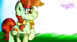 Size: 1199x666 | Tagged: safe, artist:spaceponyarts, derpibooru import, candy apples, earth pony, pony, apple family member, image, jpeg, solo