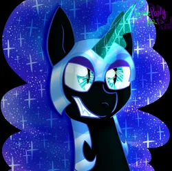 Size: 5022x5000 | Tagged: safe, artist:spaceponyarts, derpibooru import, nightmare moon, alicorn, pony, g4, absurd resolution, black background, bust, glow, glowing horn, horn, image, png, simple background, solo