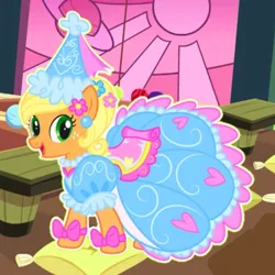 Size: 1600x1600 | Tagged: safe, derpibooru import, edit, edited screencap, screencap, applejack, earth pony, pony, g4, look before you sleep, bow, clothes, dress, ear piercing, flower, flower in hair, froufrou glittery lacy outfit, happy, hat, hennin, image, jewelry, necklace, piercing, png, princess, princess applejack, smiling