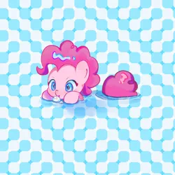 Size: 1430x1428 | Tagged: safe, artist:不可食用骨, derpibooru import, pinkie pie, earth pony, pony, blowing bubbles, blushing, bubble, cute, diapinkes, female, image, mare, modern art, optical illusion, patterned background, png, smiling, solo, swimming, water bubble