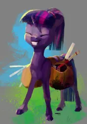 Size: 2188x3095 | Tagged: safe, artist:wolfiedrawie, derpibooru import, twilight sparkle, pony, unicorn, g4, abstract background, alternate hairstyle, bag, book, cloven hooves, female, fetlock tuft, grin, horn, image, mare, png, ponytail, saddle bag, scroll, smiling, unicorn twilight