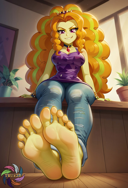 Size: 2496x3648 | Tagged: questionable, ai content, derpibooru import, machine learning generated, prompter:trux23, adagio dazzle, human, equestria girls, g4, feet, fetish, foot fetish, foot focus, image, indoors, jpeg, looking at you, low angle, sitting, smiling, smirk, soles, solo, toenails, toes