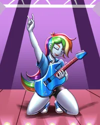 Size: 1600x2000 | Tagged: safe, artist:zachc, derpibooru import, rainbow dash, human, equestria girls, g4, commission, electric guitar, eyes closed, female, guitar, image, kneeling, musical instrument, my little pony equestria girls: rainbow rocks, open mouth, png, raised arm, solo