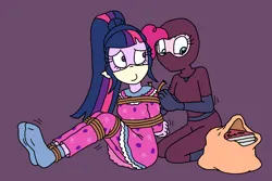 Size: 2500x1667 | Tagged: safe, artist:bugssonicx, derpibooru import, pinkie pie, sci-twi, twilight sparkle, equestria girls, g4, bag, bondage, book, bound and gagged, catsuit, cloth gag, clothes, comic book, daring do collector, female, gag, image, mask, nightgown, ninja, over the nose gag, pajamas, png, robbery, socks, tied up, tying