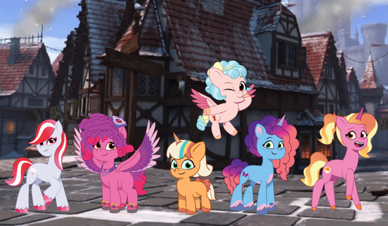 Size: 1850x1080 | Tagged: safe, artist:caseyben887, artist:prixy05, derpibooru import, cozy glow, luster dawn, sugar moonlight, earth pony, pegasus, pony, unicorn, g4, g5, bow, bracelet, coat markings, cozybetes, cute, female, g4 to g5, generation leap, grin, hair bow, hairpin, horn, image, jewelry, looking at you, lusterbetes, mare, misty brightdawn, namesake, necklace, outdoors, pale belly, peach fizz, png, pun, rebirth misty, ruby jubilee, sky, smiling, smiling at you, socks (coat marking), tail, tail bow, visual pun