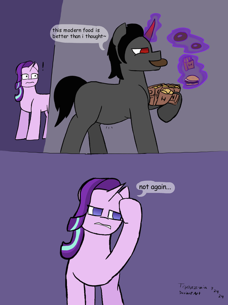 Size: 1662x2217 | Tagged: safe, artist:moss and fox, artist:polofastter, derpibooru import, king sombra, starlight glimmer, pony, unicorn, g4, burger, donut, female, food, horn, image, magic, mare, not again, png, rubbing head, telekinesis, weight gain