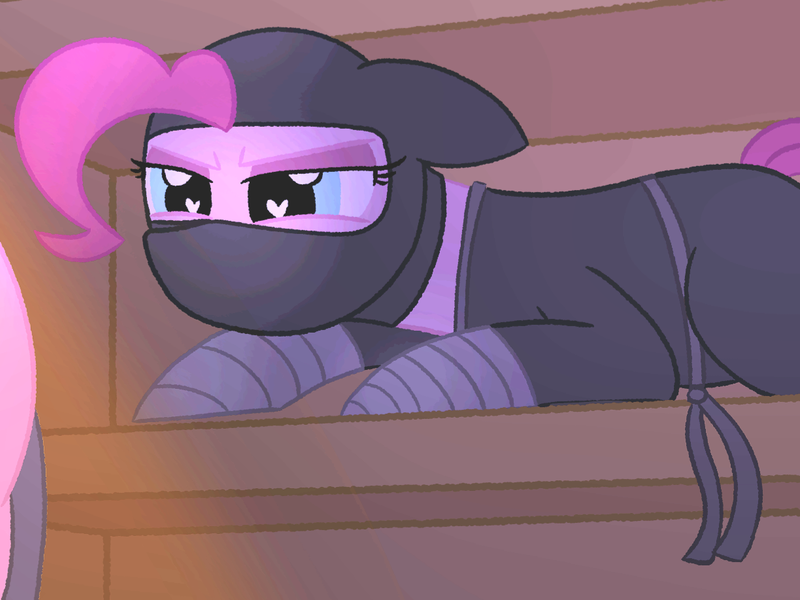 Size: 1224x918 | Tagged: safe, artist:legendoflink, derpibooru import, edit, pinkie pie, earth pony, pony, g4, female, heart, heart eyes, image, mare, ninja, pinkie spy, png, shelf, stalker, stalking, wingding eyes