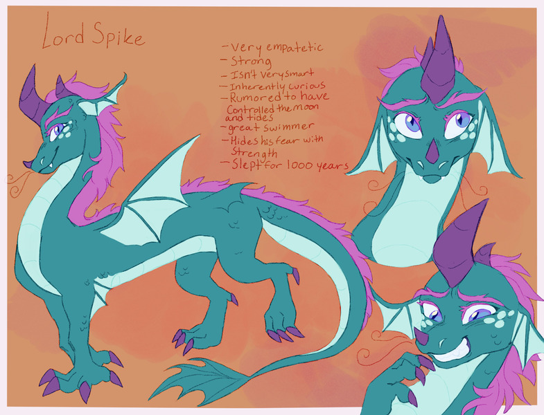 Size: 1700x1300 | Tagged: safe, artist:abbytabbys, derpibooru import, spike, dragon, eastern dragon, g4, alternate color palette, alternate design, alternate eye color, alternate universe, blush lines, blushing, body markings, border, claws, colored belly, colored claws, colored eyebrows, colored eyelashes, colored horns, colored mouth, colored wings, curved horns, eyelashes, facial markings, fangs, floppy ears, four wings, frown, grammar error, green scales, horn, horns, image, jpeg, life's an adventure au, long body, long tail, looking away, magenta hair, male, multiple angles, multiple wings, nose horn, older, older spike, open mouth, open smile, orange text, pale belly, passepartout, pink eyelashes, pink hair, profile, purple eyes, purple mouth, quadrupedal spike, raised claw, raised leg, reference sheet, scales, sharp teeth, slit pupils, smiling, solo, sparkles, spread wings, standing, sweat, tail, teal scales, teeth, two toned wings, whiskers, wing ears, winged spike, wings