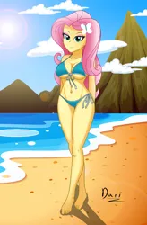 Size: 2642x4039 | Tagged: suggestive, artist:danielitamlp, derpibooru import, fluttershy, butterfly, human, insect, equestria girls, g4, barefoot, beach, bedroom eyes, belly, belly button, bikini, bikini bottom, bikini top, breasts, busty fluttershy, cleavage, clothes, cloud, concave belly, crepuscular rays, cute, eyeshadow, feet, female, hairclip, image, jpeg, legs, looking at you, makeup, midriff, mountain, ocean, sand, signature, sky, smiling, smiling at you, string bikini, sun, swimsuit, toes, underboob, water