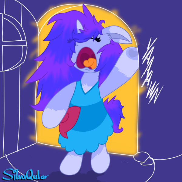 Size: 4000x4000 | Tagged: safe, artist:silvaqular, derpibooru import, oc, oc:qular, unicorn, bipedal, bipedal leaning, blue dress, bow, chest fluff, clothes, dress, ear fluff, eyes closed, fluffy, hair bow, horn, image, leaning, messy hair, messy mane, messy tail, png, sleepy, standing, standing on two hooves, tail, yawn