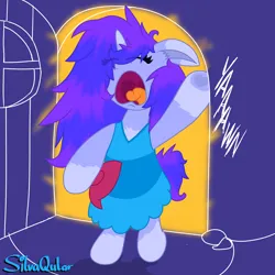 Size: 4000x4000 | Tagged: safe, artist:silvaqular, derpibooru import, oc, oc:qular, unicorn, bipedal, bipedal leaning, blue dress, bow, chest fluff, clothes, dress, ear fluff, eyes closed, fluffy, hair bow, horn, image, leaning, messy hair, messy mane, messy tail, png, sleepy, standing, standing on two hooves, tail, yawn