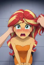 Size: 832x1216 | Tagged: suggestive, ai content, derpibooru import, machine learning generated, prompter:nwth, sunset shimmer, human, equestria girls, g4, bare shoulders, blushing, breasts, clothes, crying, cyan eyes, dress, female, hair pulling, image, jpeg, looking at you, messy hair, offscreen character, open mouth, pov, sad, solo, tears of sadness, teary eyes, teenager, tube dress