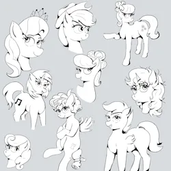 Size: 2500x2500 | Tagged: safe, artist:fdv.alekso, derpibooru import, applejack, carrot top, cozy glow, diamond tiara, golden harvest, scootaloo, suri polomare, vinyl scratch, oc, oc:noelly, earth pony, pegasus, pony, unicorn, cowboy hat, dock, female, females only, filly, flying, foal, folded wings, gray background, grayscale, hat, horn, image, jewelry, mare, monochrome, png, raised hoof, simple background, spread wings, stetson, tail, tiara, wings