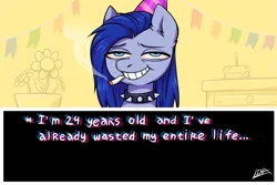 Size: 2013x1342 | Tagged: safe, artist:lina, derpibooru import, oc, oc:lina, oc:lina firesoul, birthday, birthday cake, cake, choker, cigarette, crossover, food, hat, image, meme, party hat, png, red eyes, smiling, spiked choker, undertale