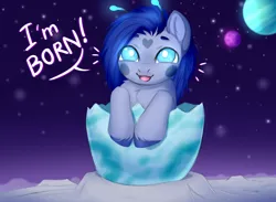 Size: 2064x1512 | Tagged: safe, artist:lina, derpibooru import, oc, oc:lina, oc:lina firesoul, ponified, alien, alien pony, pony, antenna, chest fluff, cute, ear fluff, egg, hoof fluff, image, looking at you, moon, ocbetes, open mouth, planet, png, smiling, smiling at you, solo, space, stars