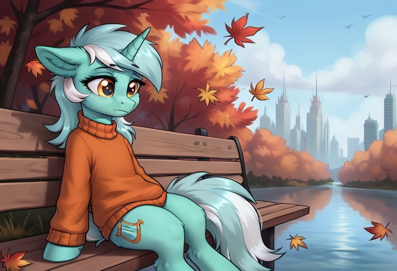 Size: 1216x832 | Tagged: safe, ai content, derpibooru import, machine learning generated, prompter:thelight3d, stable diffusion, lyra heartstrings, pony, unicorn, g4, autumn, bench, city, clothes, generator:pony diffusion v6 xl, horn, image, jpeg, meme, river, sitting, sitting lyra, solo, sweater, tail, water