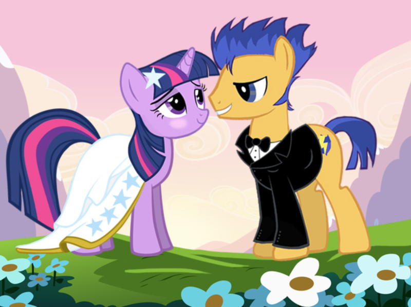 Size: 1706x1274 | Tagged: safe, artist:fynsy.com, derpibooru import, flash sentry, twilight sparkle, pony, ambiguous race, blushing, bowtie, clothes, dress, elsagate game, female, flashlight, flower, fynsy, game, grass, horn, image, jpeg, male, mare, marriage, mountain, necktie, outdoors, shipping, smiling, smitten, stallion, straight, suit, tail, wedding, wedding dress, weird youtube kids video