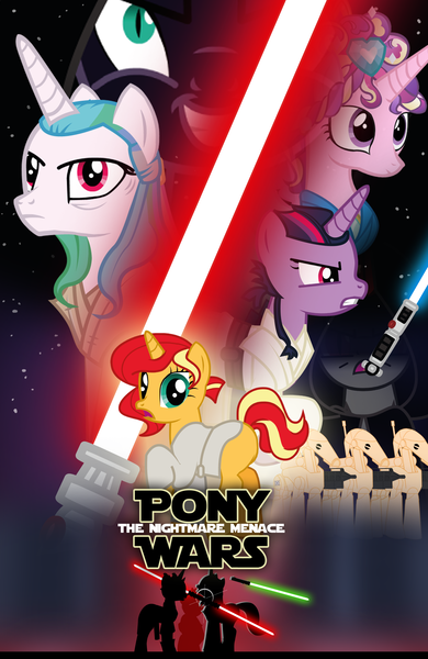 Size: 1988x3056 | Tagged: safe, derpibooru import, nightmare moon, princess cadance, princess celestia, princess luna, sunset shimmer, twilight sparkle, twilight sparkle (alicorn), alicorn, earth pony, pegasus, pony, unicorn, zabrak, anakin skywalker, apprentice, boots, clothes, darth maul, droid, duel, horn, image, jedi, lightsaber, obi wan kenobi, padawan, padme amidala, png, poster, qui-gon jinn, reference, scenery, shoes, sith, star wars, threat, threatening, weapon