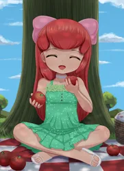 Size: 2480x3425 | Tagged: safe, artist:focusb, derpibooru import, apple bloom, human, anime style, apple, basket, clothes, cloud, crossed legs, cute, day, eyes closed, facing you, flip flops, food, grass, holding, humanized, image, jpeg, open mouth, picnic, picnic basket, picnic blanket, sandals, shoes, sitting, sky, smiling, tree