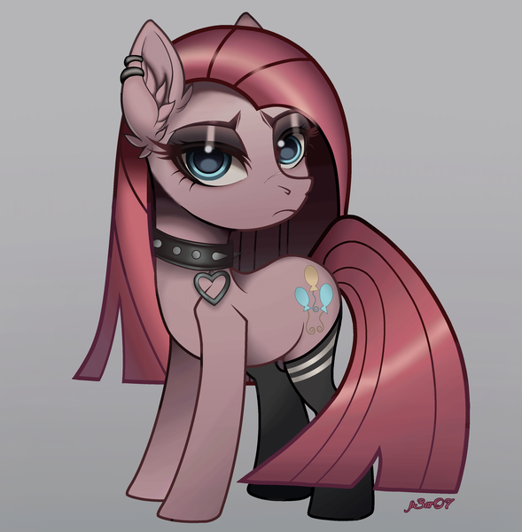 Size: 6186x6304 | Tagged: safe, artist:p3ar07, derpibooru import, pinkie pie, earth pony, pony, g4, base used, blue eyes, choker, clothes, cutie mark, ear piercing, eyelashes, gray background, image, looking at you, piercing, pinkamena diane pie, png, sad face, signature, simple background, socks, solo, stockings, thigh highs