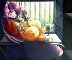 Size: 1000x835 | Tagged: safe, artist:legendaryshadee, derpibooru import, pipp petals, g5, bed, clothes, commissioner:rainbowdash69, grumpy, image, jail, jail cell, lying down, mobile phone, never doubt rainbowdash69's involvement, on bed, phone, pipp's phone, png, prison, prison cell, prison outfit, prisoner, prisoner pipp, shackles, smartphone