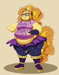 Size: 2529x3246 | Tagged: safe, artist:seatbelt, derpibooru import, adagio dazzle, ponified, anthro, earth pony, plantigrade anthro, pony, adagio wobble, commission, fat, glasses, image, jpeg, messy mane, morbidly obese, nerd, obese, simple background, smiling, solo, species swap