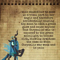 Size: 736x736 | Tagged: safe, derpibooru import, editor:aerofie, queen chrysalis, changeling, changeling queen, alternate universe, disease, english, female, image, infection au, information, jpeg, paper background, solo, text