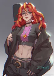 Size: 900x1273 | Tagged: safe, artist:gongxiao zao, derpibooru import, sunset shimmer, human, belly, belly button, belt, belt buckle, choker, clothes, cowboy shot, ear piercing, earring, gradient background, guitar case, humanized, image, jacket, jewelry, jpeg, looking at you, necklace, pendant, piercing, shirt, shorts, solo, standing, text, weibo