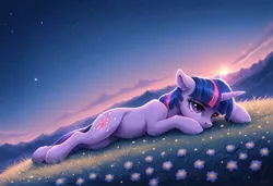 Size: 1216x832 | Tagged: safe, ai content, derpibooru import, machine learning generated, prompter:thehyperinsectoid, twilight sparkle, pony, unicorn, flower, flower field, horn, image, jpeg, lying down, stars, sunrise