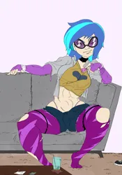 Size: 1931x2752 | Tagged: suggestive, artist:ponny, derpibooru import, vinyl scratch, human, bra, carpet, clothes, colored, condom, couch, cup, denim, denim shorts, female, glasses, human female, humanized, image, jacket, lip bite, panties, png, shoes, shorts, socks, solo, thigh highs, thong, tight clothing, underwear