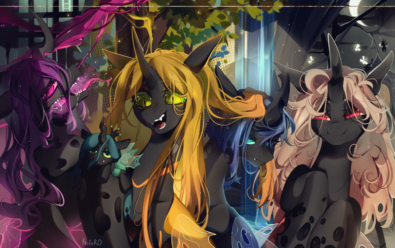 Size: 2750x1727 | Tagged: safe, artist:kefirro7, derpibooru import, queen chrysalis, changeling queen oc, oc, oc:ambrosia, oc:calliphora, oc:miasma, oc:myxine, changeling, changeling queen, pony, unicorn, blue changeling, changeling oc, fangs, female, horn, image, lidded eyes, long tongue, open mouth, plushie, png, purple changeling, slit pupils, tongue out, yellow changeling