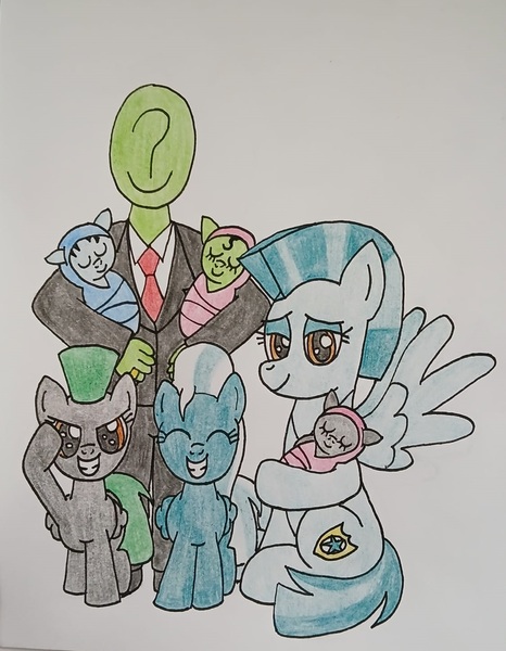 Size: 1124x1447 | Tagged: artist needed, safe, derpibooru import, oc, oc:anon, unofficial characters only, human, pegasus, pony, baby, baby pony, children, cute, family, female, filly, foal, happy, image, jpeg, mare, married couple, salute, sitting, traditional art