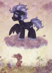 Size: 1527x2160 | Tagged: safe, artist:equmoria, derpibooru import, oc, pegasus, pony, rabbit, animal, cloud, full body, image, jpeg, male, pegasus oc, rain, sprout, stallion, stormcloud, wings